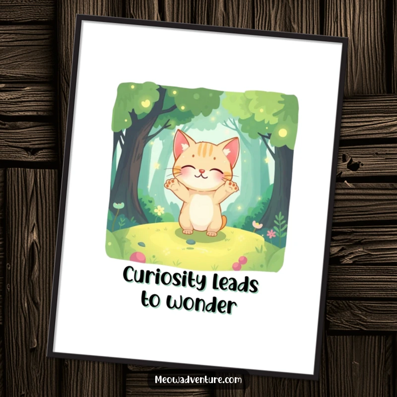 Funny Free Printable Wall Art: Curious cat with paws outstretched, exploring a magical, glowing forest. Enchanting and mysterious.