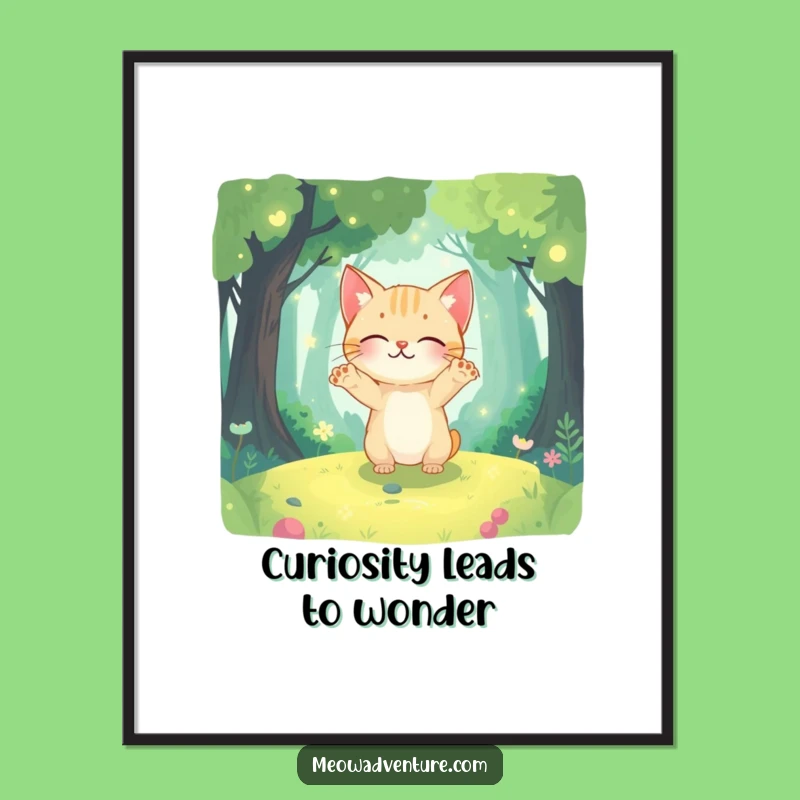 Funny Free Printable Wall Art: Curious Kitty in Magic Forest - Whimsical Downloadable Decor
