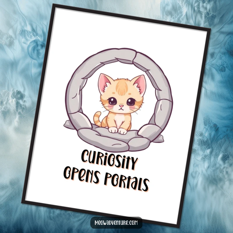Funny Free Printable Wall Art: A curious kitten character peering into a swirling, mysterious portal, creating an atmosphere of wonder and fun.