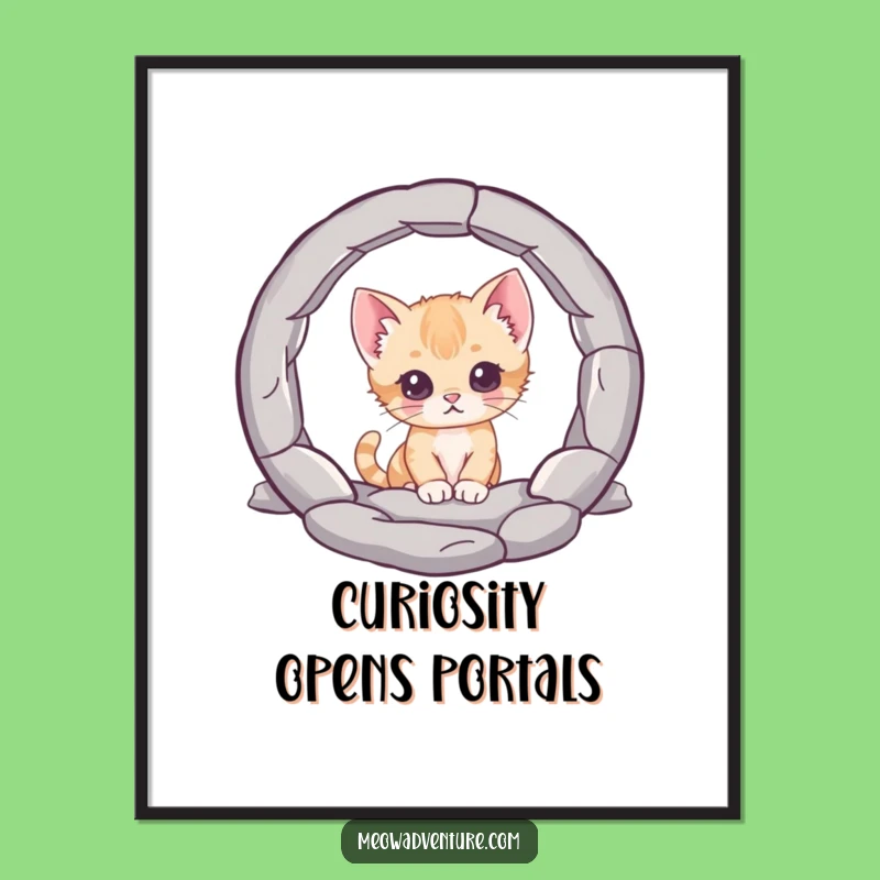 Free Printable Wall Art: Curious Kitten & Mysterious Portal, Downloadable Whimsy Decor