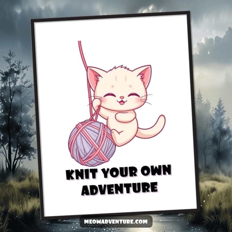 Funny Free Printable Wall Art: A brave kitten is captured mid-rappel down a giant yarn ball, showcasing courage and quirky charm.