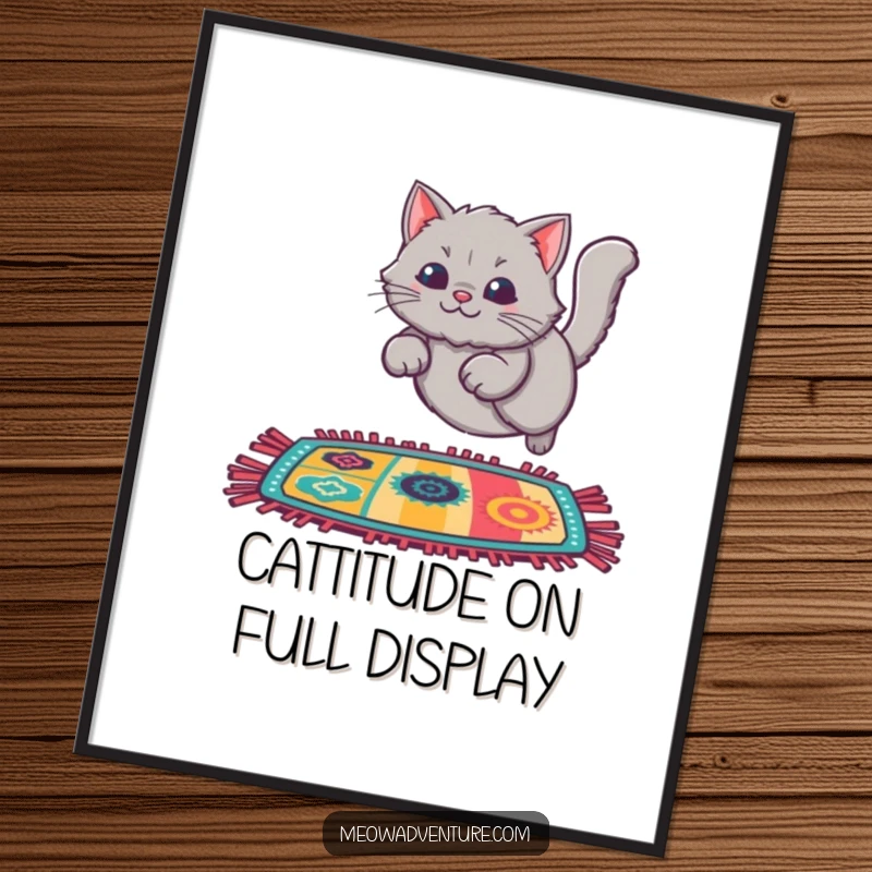 Funny Free Printable wall art: A fluffy grey cat captured mid-leap onto a dazzlingly colorful, patterned rug.