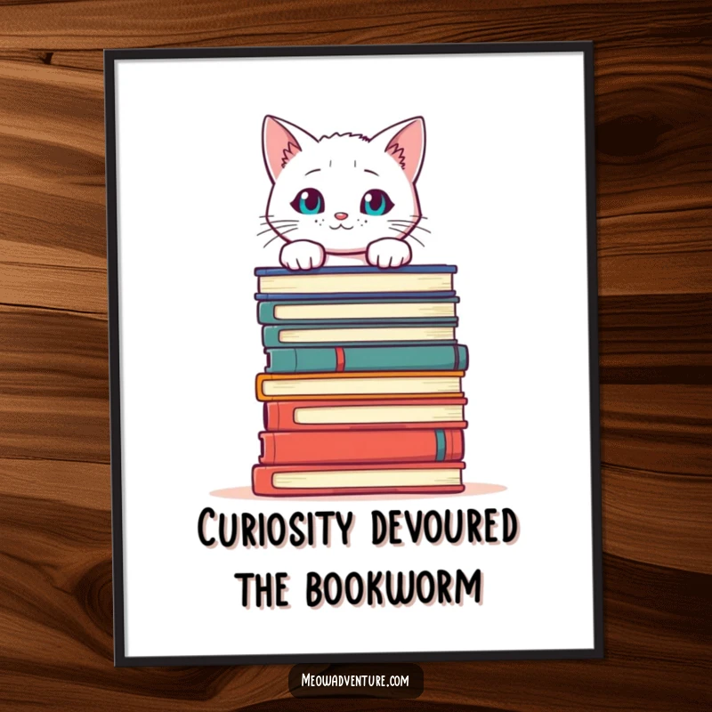 Funny Free Printable wall art: A curious white cat peeking over a giant stack of books, exuding studious mischief.