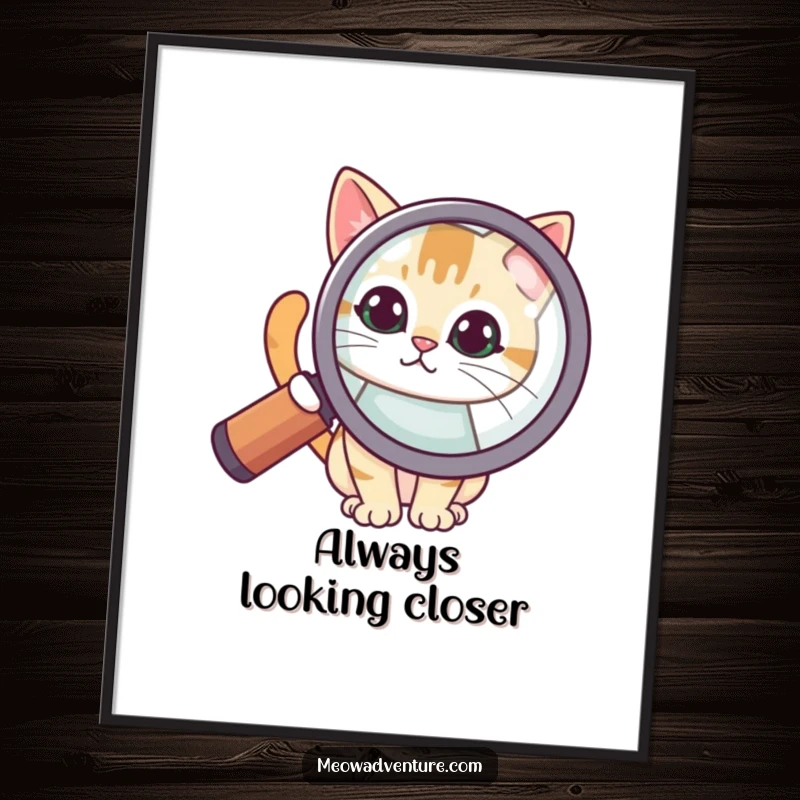 Funny Free Printable Wall Art: A curious cat peering intently from behind a huge magnifying glass, bringing a humorous, investigative vibe to the room.