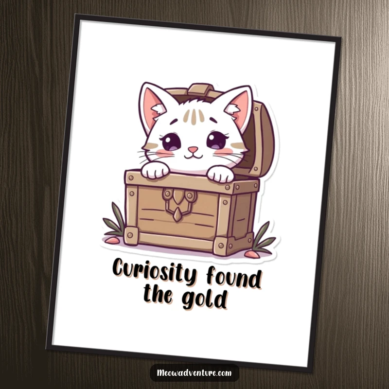 Funny Free Printable Wall Art: Curious cat peeking mysteriously from behind a treasure chest brimming with gold.