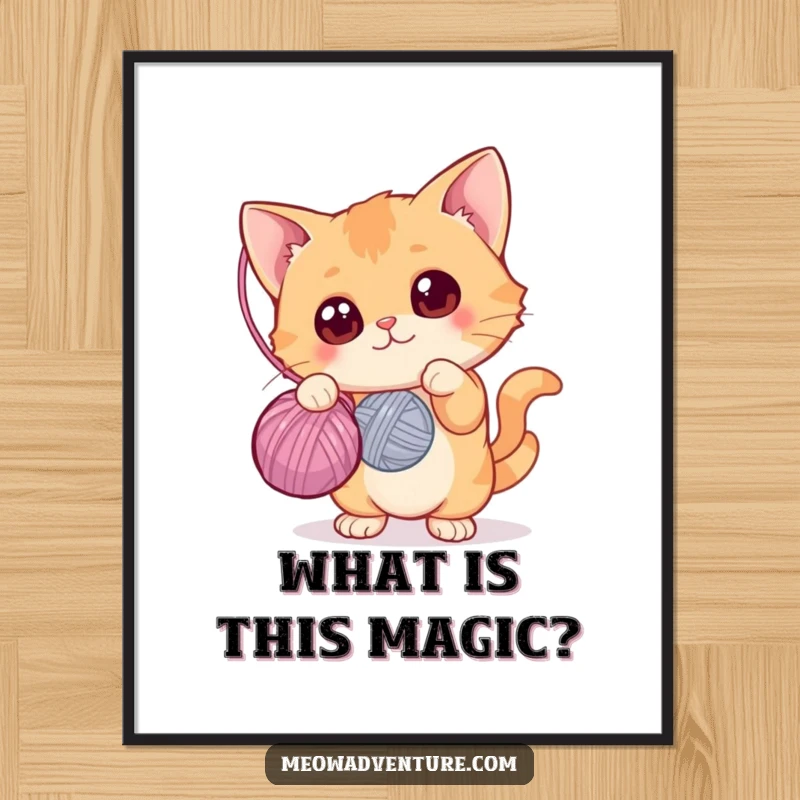 Adorable free printable wall art of a curious cat with wide eyes batting playfully at a dangling ball of yarn, full of wonder.