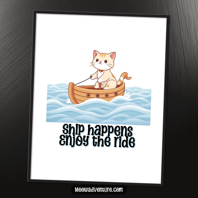 Funny Free Printable Wall Art: A brave cat commands a toy boat, sailing boldly across a carpet ocean.