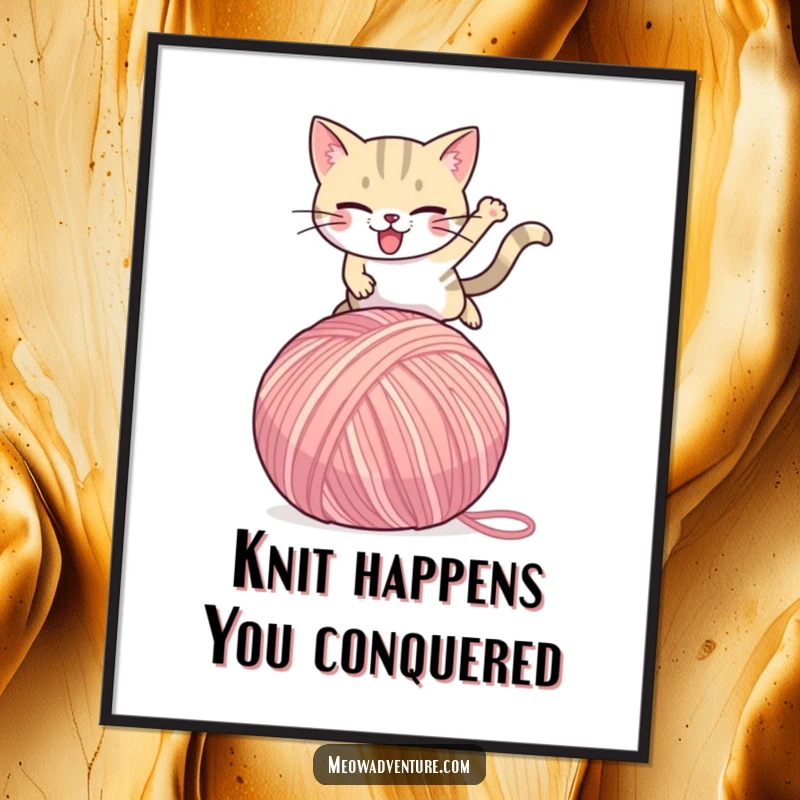 Funny Free Printable Wall Art: Determined cat mid-air, leaping powerfully over a giant ball of yarn.