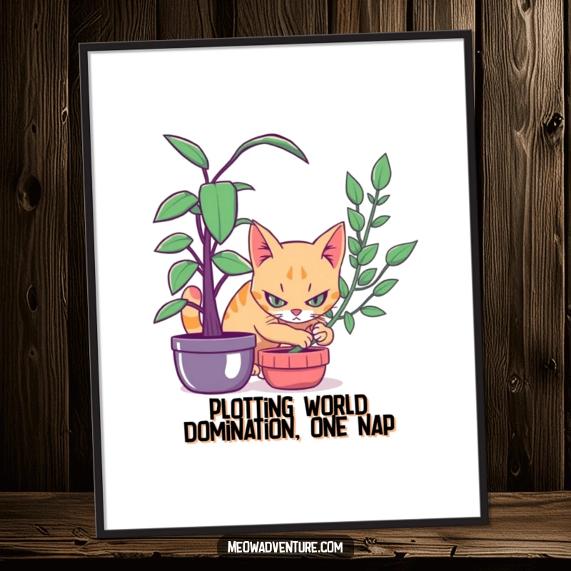 Funny Free Printable Wall Art: A stealthy cat with intense focus spies from behind a vibrant houseplant.