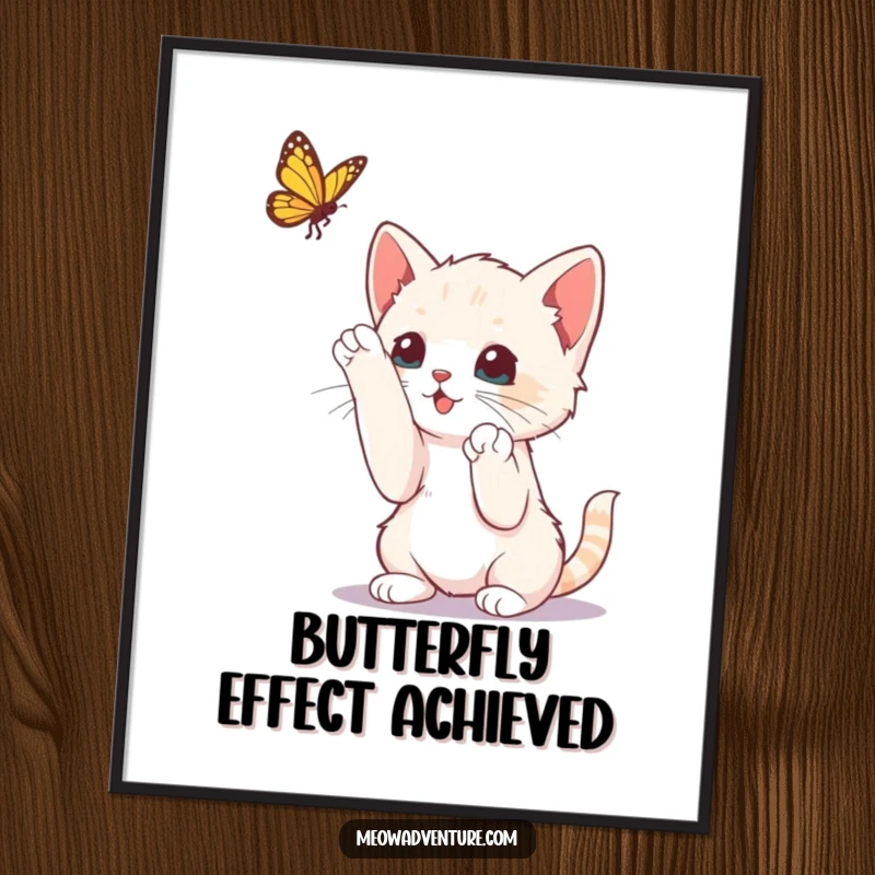 Funny Free Printable Wall Art: A curious kitten joyfully batting its paws at a delicate butterfly, capturing pure playful energy.