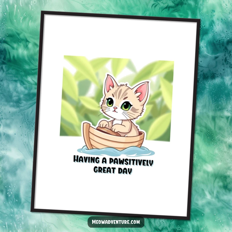 Funny Free Printable Wall Art: A determined kitten with wide eyes sailing bravely on a tiny, leafy boat, creating adventurous decor.