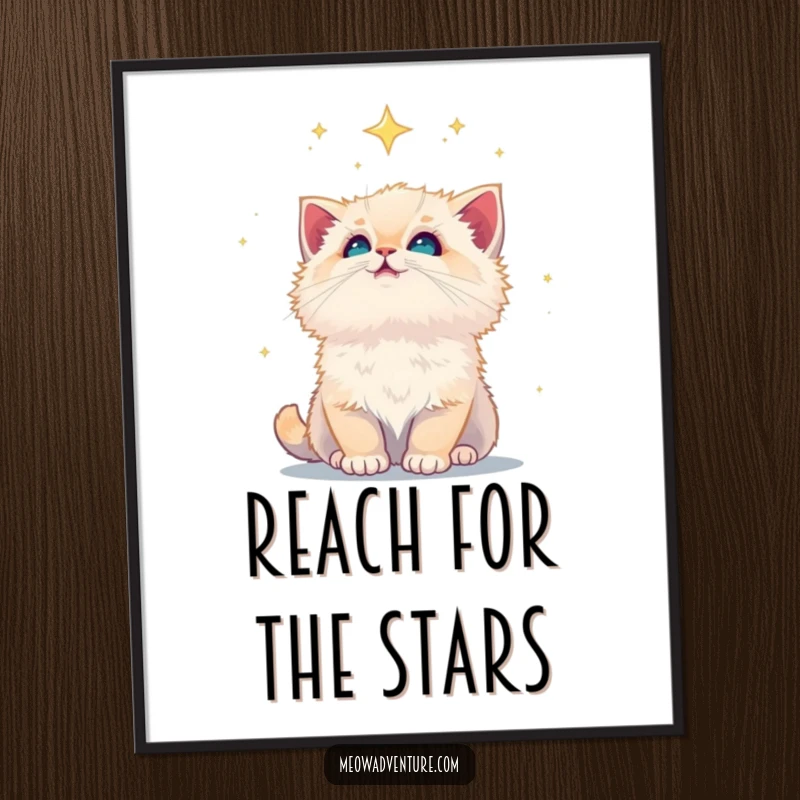 Funny Free Printable Wall Art: A fluffy kitten looks up reverently at a vast, sparkling starry sky, inspiring wonder.