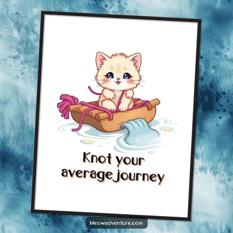 Funny Free Printable Wall Art of a fluffy kitten bravely sailing a yarn stream on a makeshift raft, bringing cozy vibes.