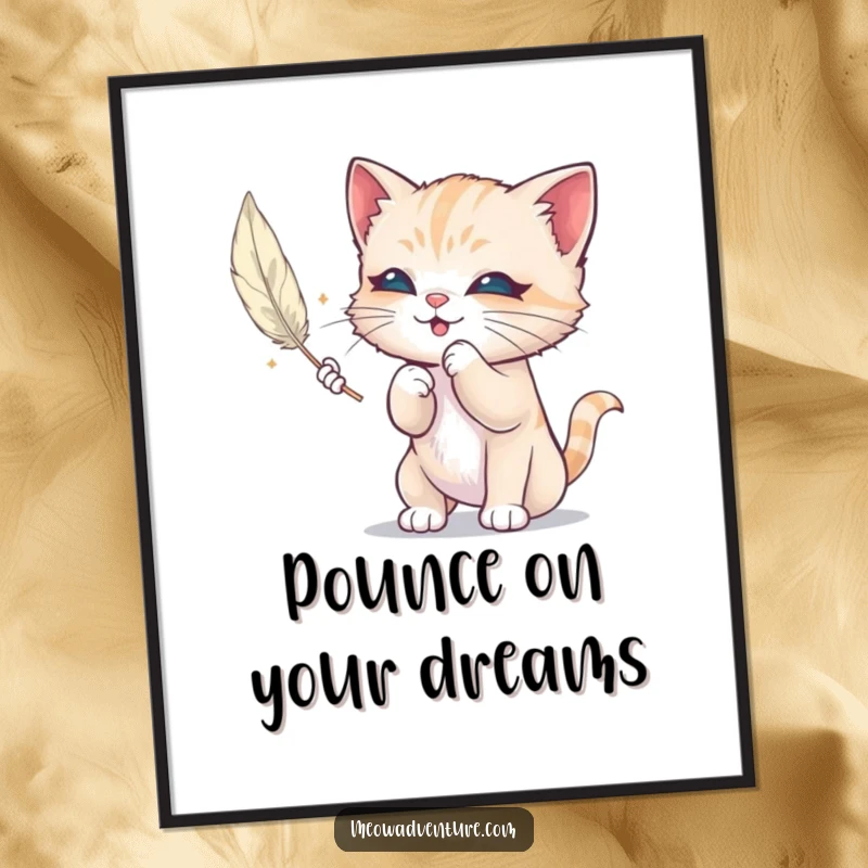 Funny Free Printable Wall Art: A mischievous kitten is caught in the act, batting gleefully at a delicate floating feather, creating dynamic art.