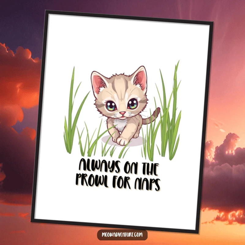Funny Free Printable Wall Art: A stealthy kitten with wide, alert eyes, tiptoeing through tall grass, adding intrigue to decor.