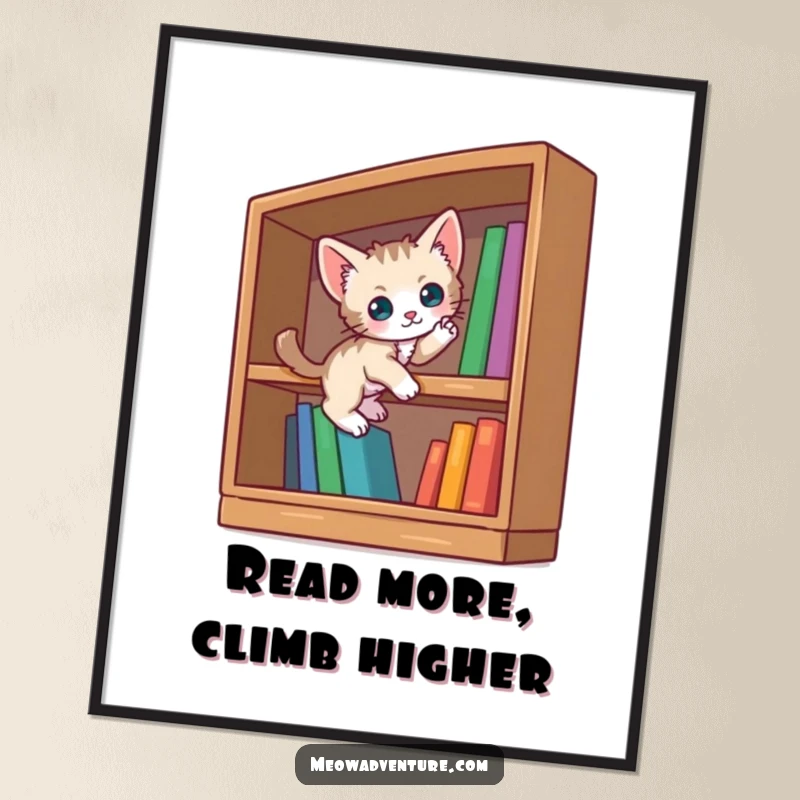 Funny Free Printable Wall Art: A curious kitten scaling a small, oversized bookshelf, exploring the world of books with delight.