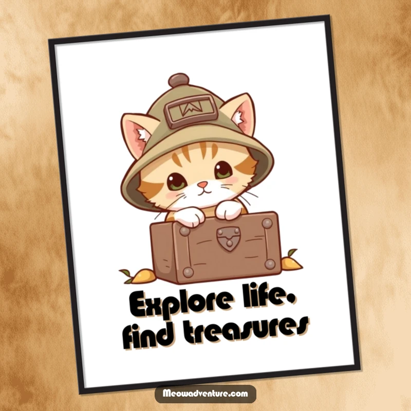Funny Free Printable Wall Art: A brave kitten wearing a tiny explorer hat, peering intently into a treasure chest, ready for adventure.