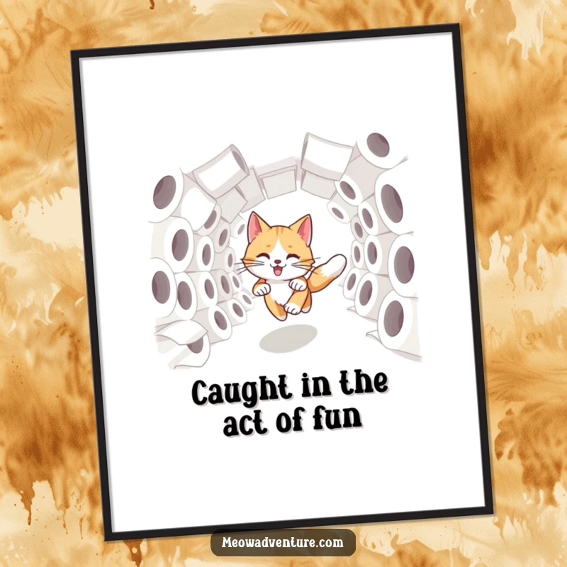 Funny Free Printable Wall Art: Swift cat dashing through a tunnel of toilet paper rolls, showcasing playful energy.