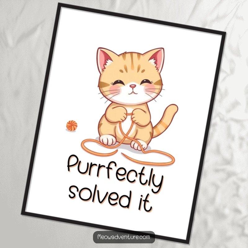 Funny Free Printable Wall Art: Clever cat focused on untangling a complex yarn maze, looking brilliant and amused.