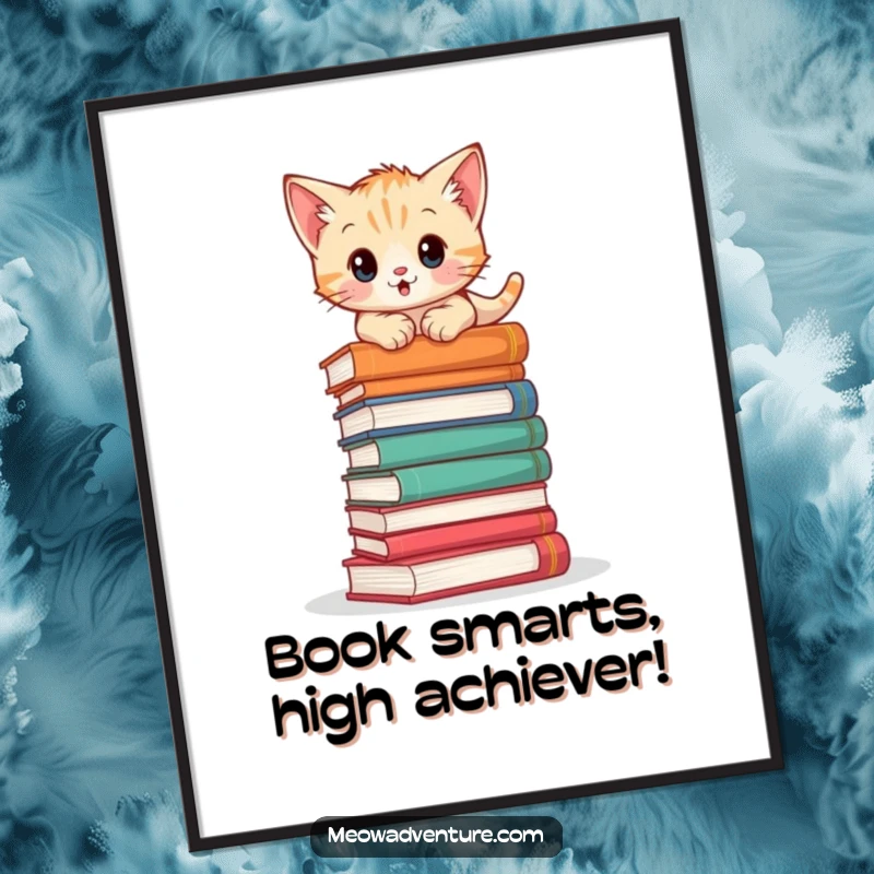 Funny Free Printable Wall Art: A small, adventurous kitten bravely climbing a tall, unsteady stack of books.