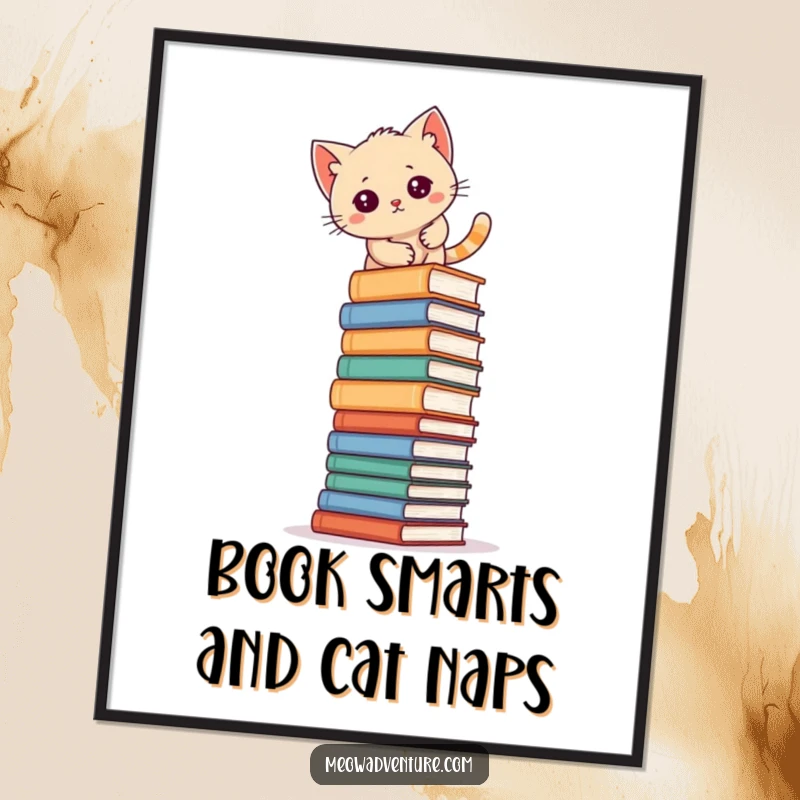 Funny Free Printable Wall Art depicting a curious kitten determinedly climbing an impossibly tall stack of eclectic books.
