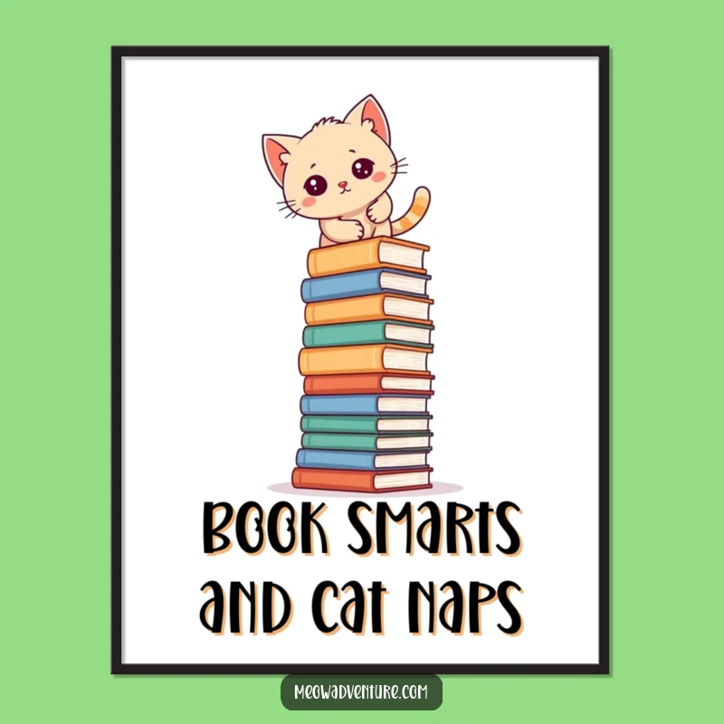 Funny Free Printable Wall Art: Determined Kitten Climbing Books, Quirky Decor