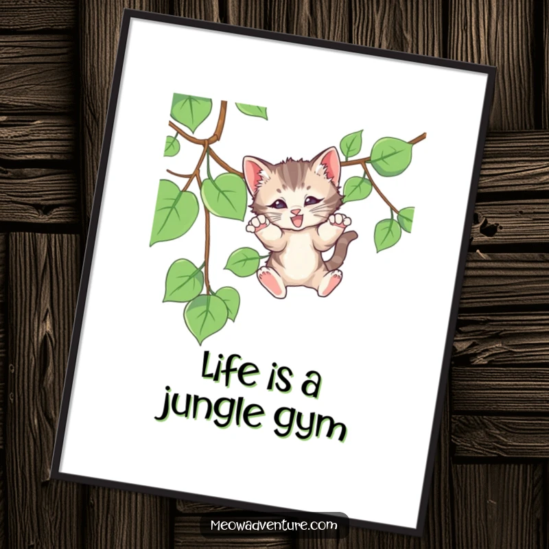 Funny Free Printable Wall Art: An energetic kitten playfully pounces mid-air on a dangling vine, bringing joy to your walls.
