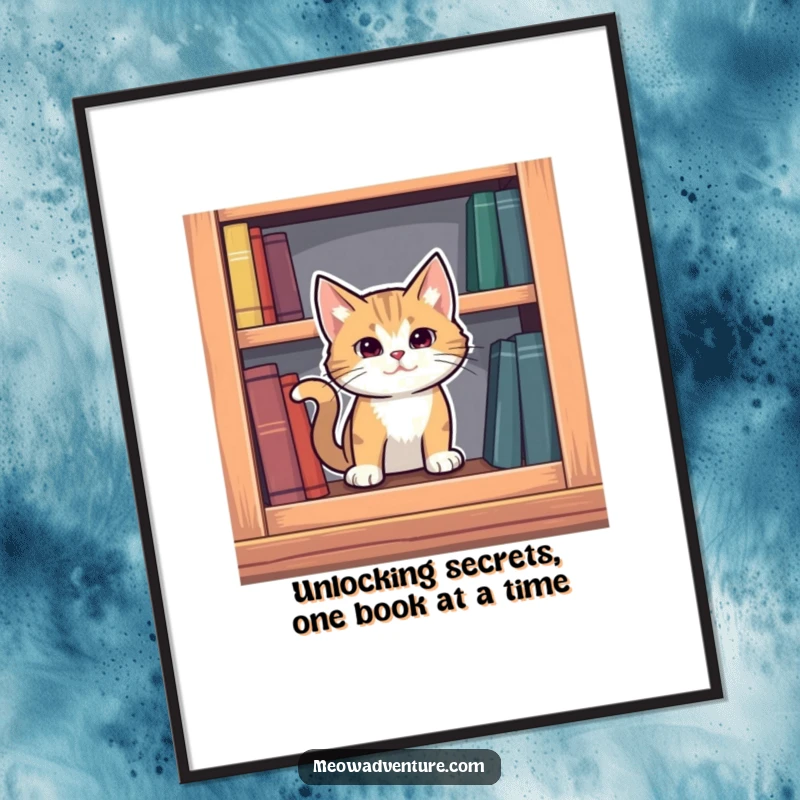 Funny Free Printable Wall Art: Mysterious cat emerging from a secret compartment in a bookshelf, adding curious decor.