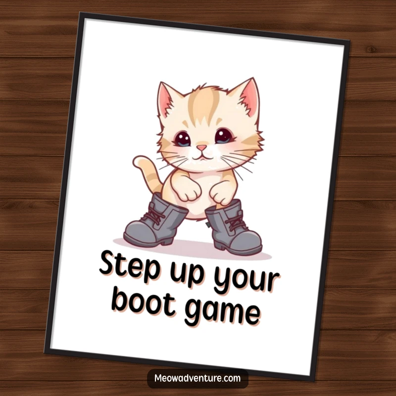 Funny Free Printable Wall Art: A silly kitten wearing oversized boots, caught mid-stumble, bringing whimsical charm to any room.
