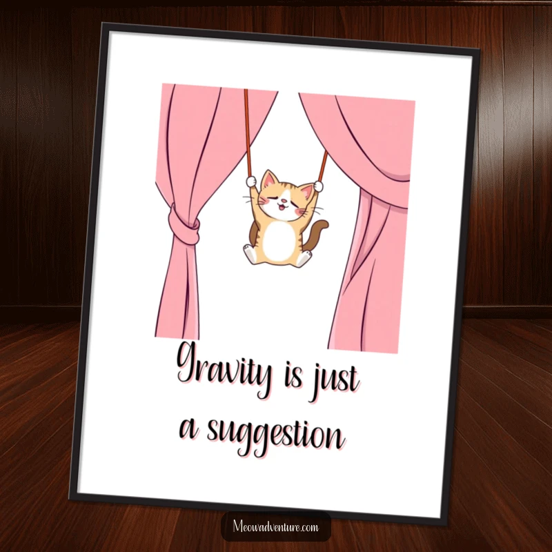 Daring free printable wall art of a mischievous cat swinging from a curtain like a trapeze artist, full of playful energy.