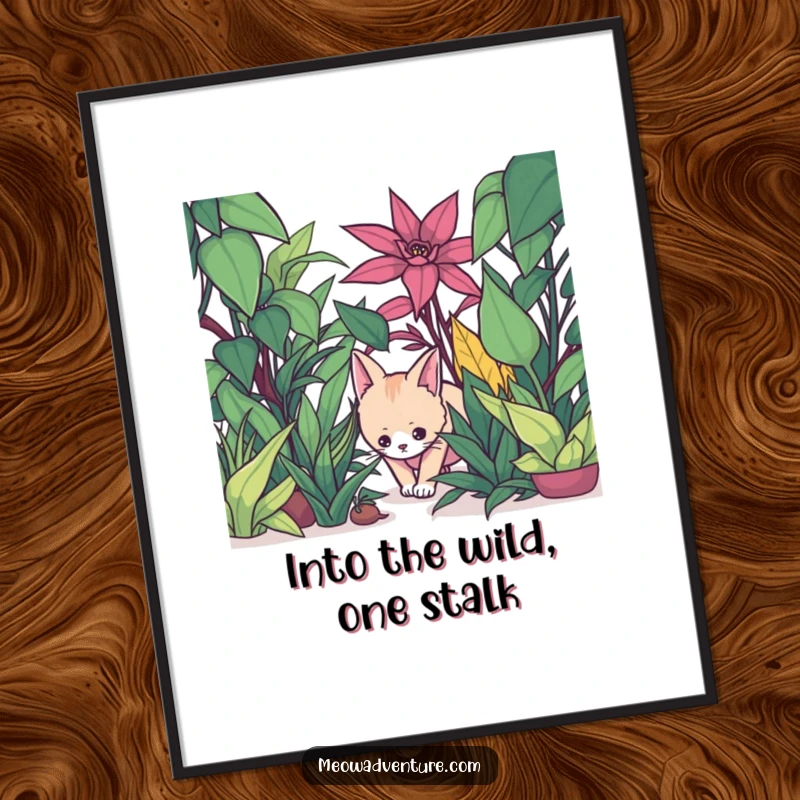 Funny Free Printable Wall Art: A stealthy cat creeps silently through a dense jungle of oversized houseplants, exploring with quiet focus.