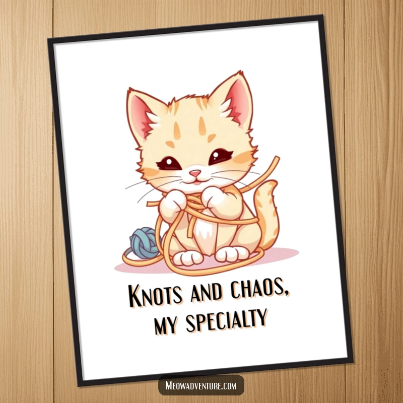 Funny Free Printable Wall Art: A kitten wearing a cheeky smirk, playfully caught and tangled in a vibrant ball of yarn.