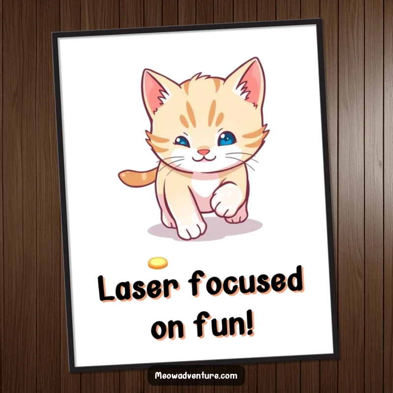 Funny Free Printable Wall Art: A cute, energetic kitten intently chasing a small, bright red laser pointer dot across the floor.