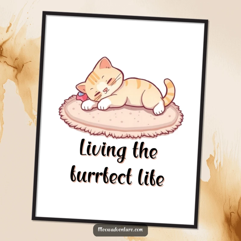 Funny Free Printable Wall Art capturing a cat stretching luxuriously after a nap, radiating ultimate comfort and relaxation.