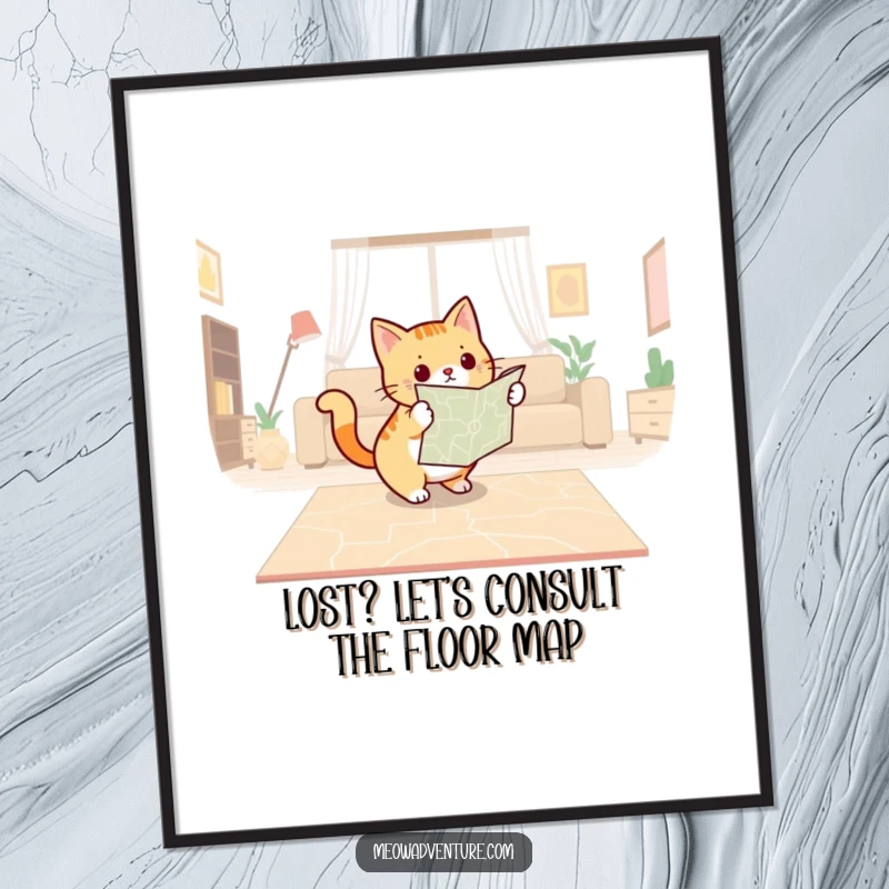 Funny Free Printable Wall Art: A determined cat with a map, plotting a course across a living room floor, inspiring adventure.
