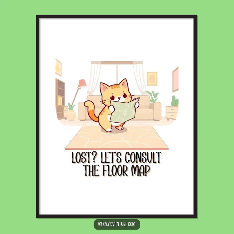 Free Printable Wall Art: Determined Cat with Map, Adventurous Downloadable Decor for Planners