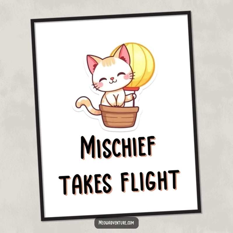 Funny Free Printable Wall Art: Mischievous cat joyfully riding in a glowing hot air balloon through the sky.