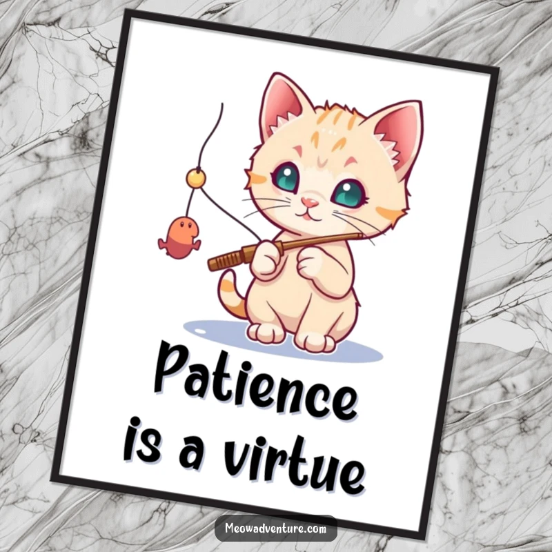 Funny Free Printable Wall Art: A curious kitten with a fishing rod tries to catch a dangling toy mouse.
