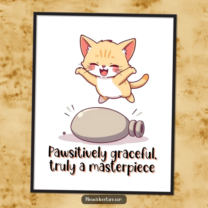 Funny Free Printable Wall Art: A joyful kitten executing an impressive, graceful leap over a fallen object, bringing laughter.
