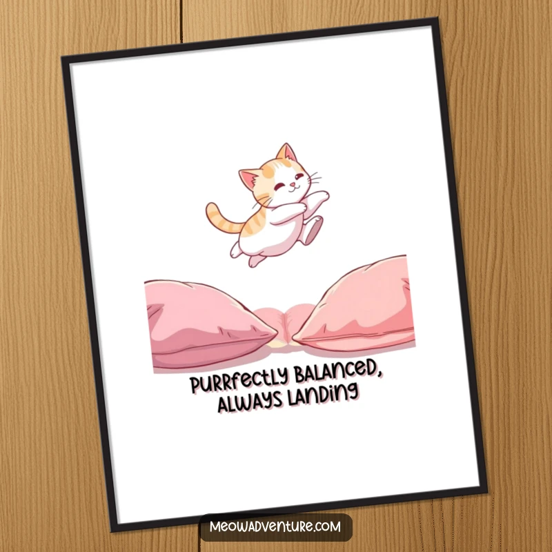 Funny Free Printable Wall Art: A cat performing an exaggerated, humorous leap between two cushions with comedic timing.