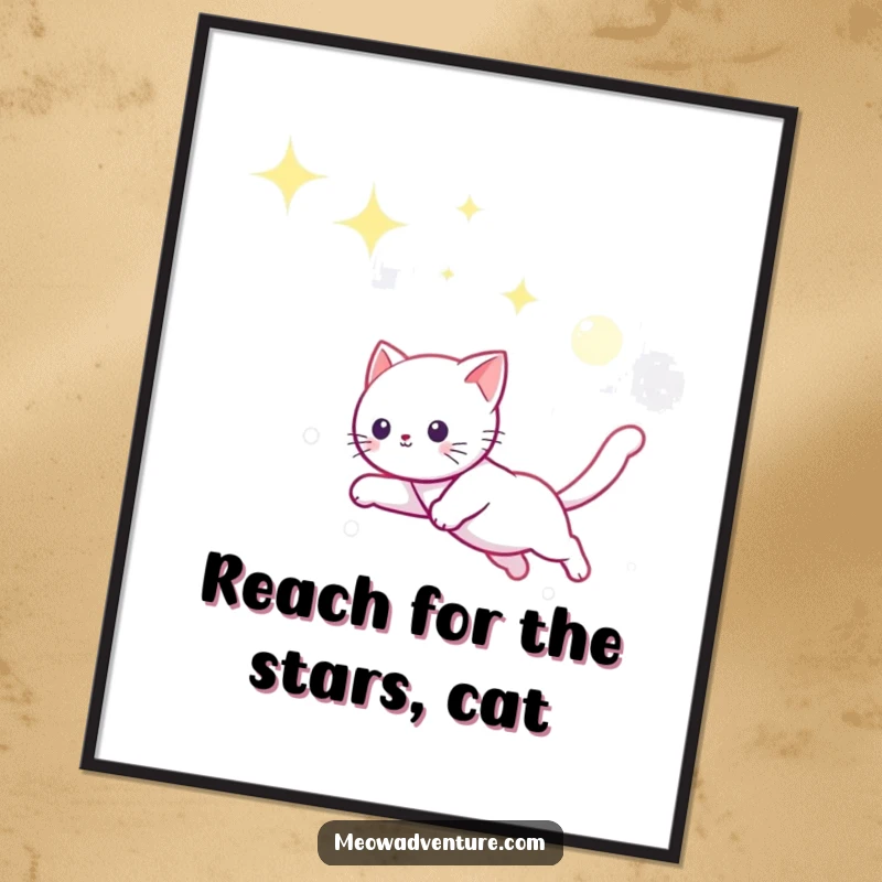 Funny Free Printable Wall Art: Playful kitty leaping joyfully through a starry night sky, chasing a shimmering moonbeam.