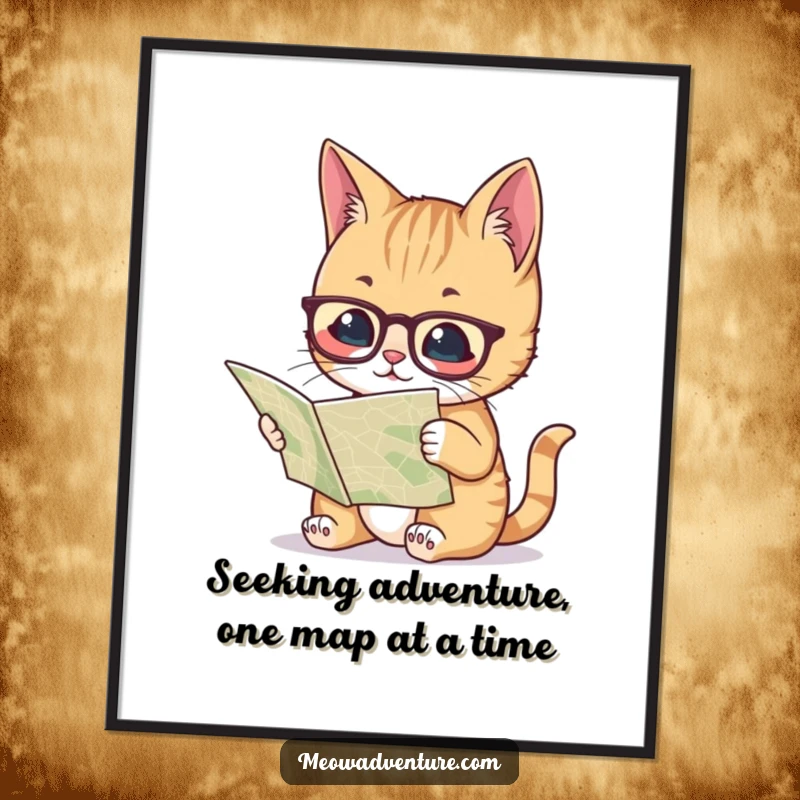 Funny free printable wall art: A smart cat wearing small spectacles intently studies a detailed map.