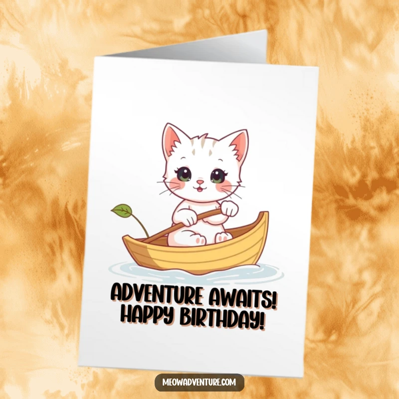 Funny Free Printable Birthday Card: An adventurous kitten happily rows a tiny leaf boat across a calm stream, ready for birthday fun.