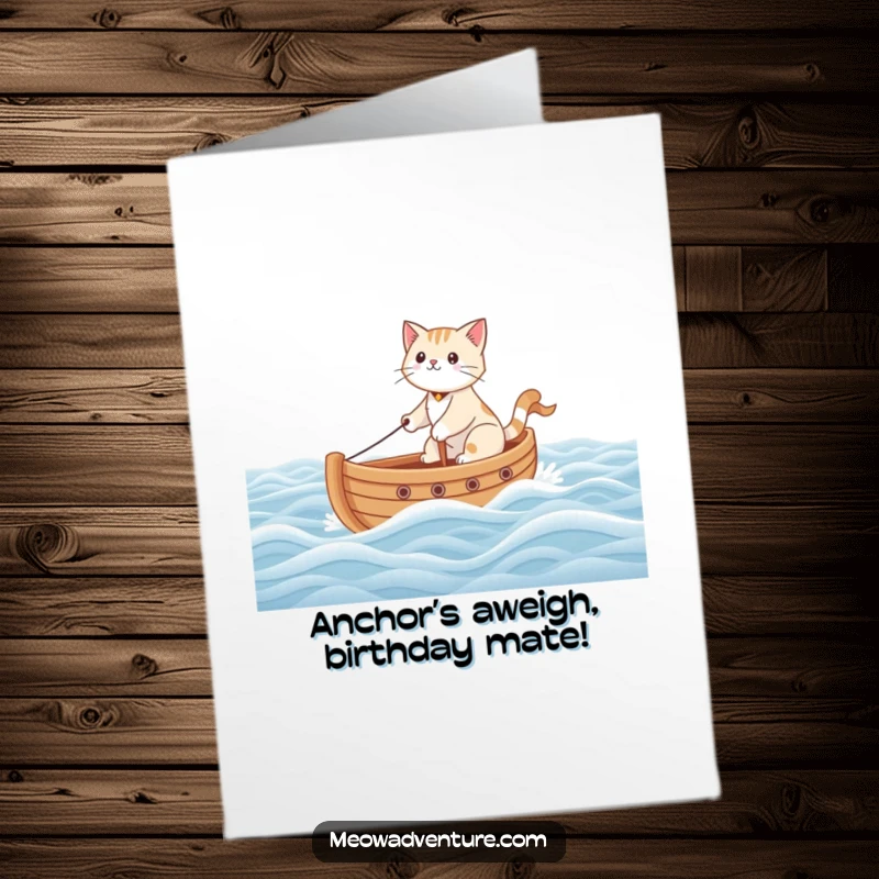 Funny Free Printable Birthday Card: Brave cat captain commands a toy boat on a carpet sea, ready for adventure.