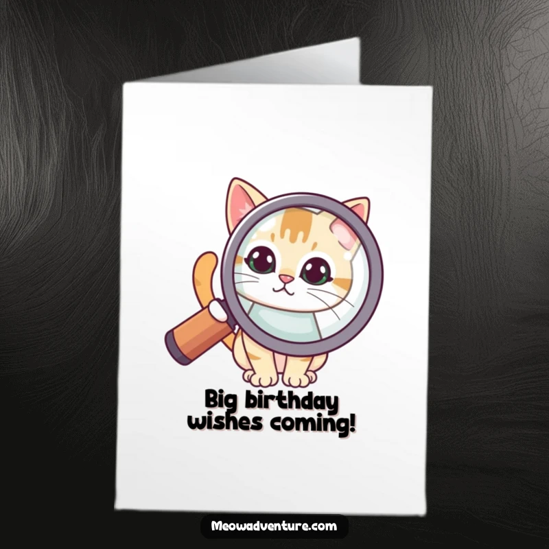Funny Free Printable Birthday Card: A cute cat curiously peeking from behind a large magnifying glass, examining birthday wishes with intense focus.