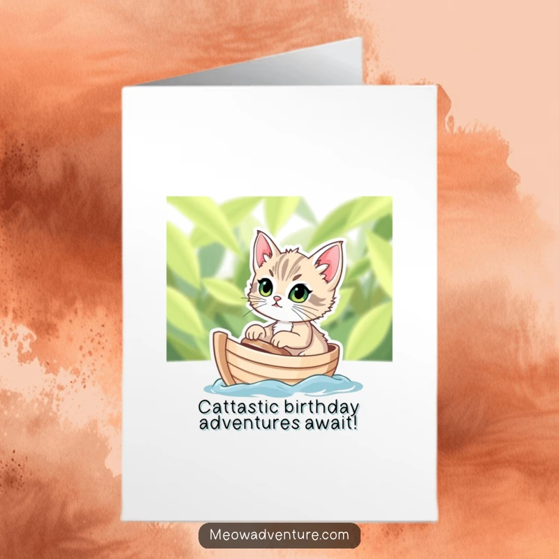 Funny Free Printable Birthday Card: Determined kitten with wide eyes sailing bravely on a tiny, leafy boat, celebrating.