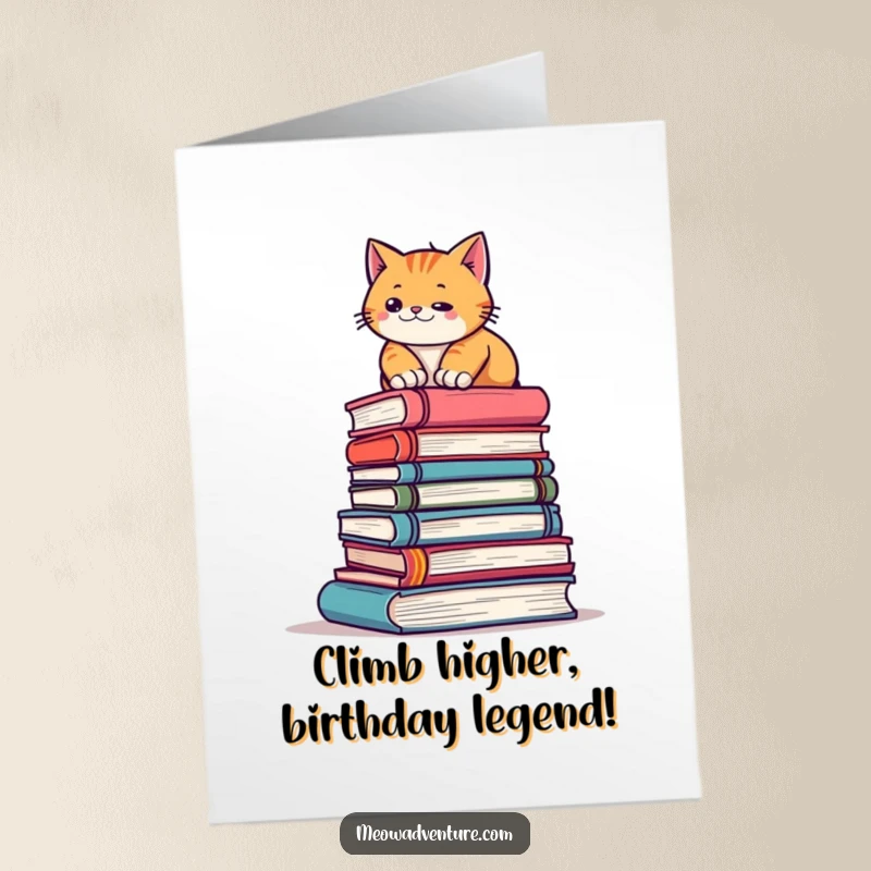 Funny free printable birthday card: A determined cat heroically climbs a tall stack of books like a mountain peak.