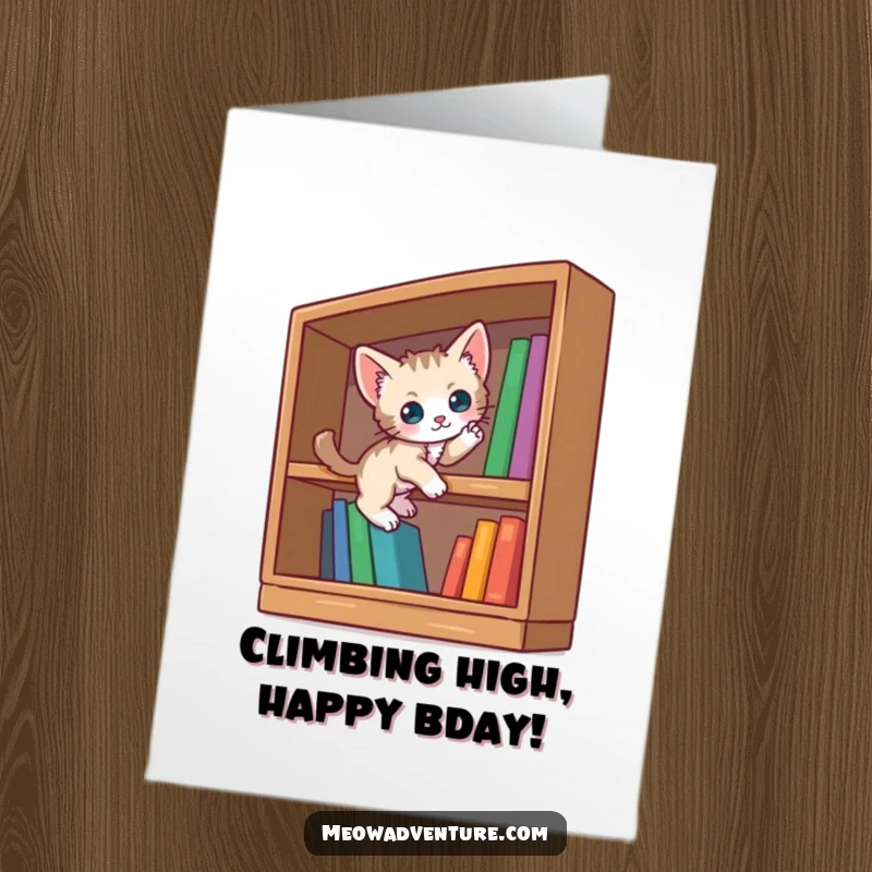 Funny Free Printable Birthday Card: A curious kitten scaling a small, oversized bookshelf, reaching for birthday knowledge.