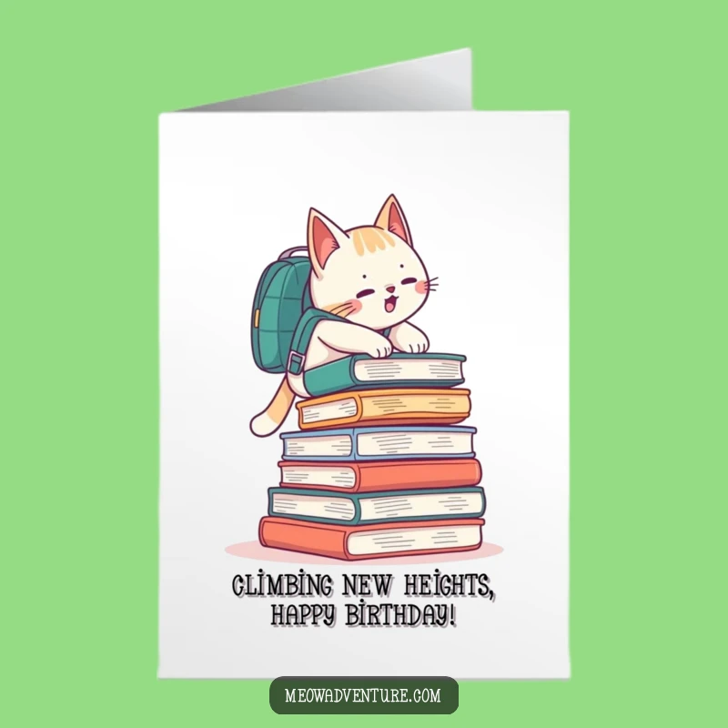 Free Printable Birthday Card: Book Climbing Cat Funny Gift