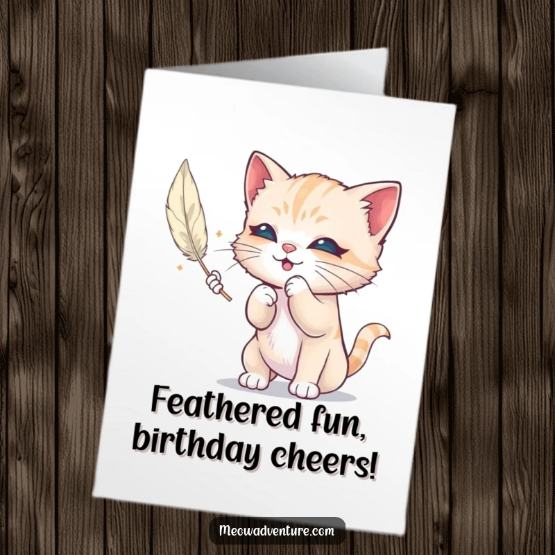 Funny Free Printable Birthday Card: A mischievous kitten playfully bats at a delicate floating feather, full of birthday cheer and charm.